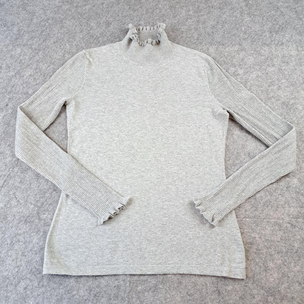 CeCe Sweater Womens Small Gray Ruffle Mock Neck Ribbed Sleeve Pullover Knit Top
